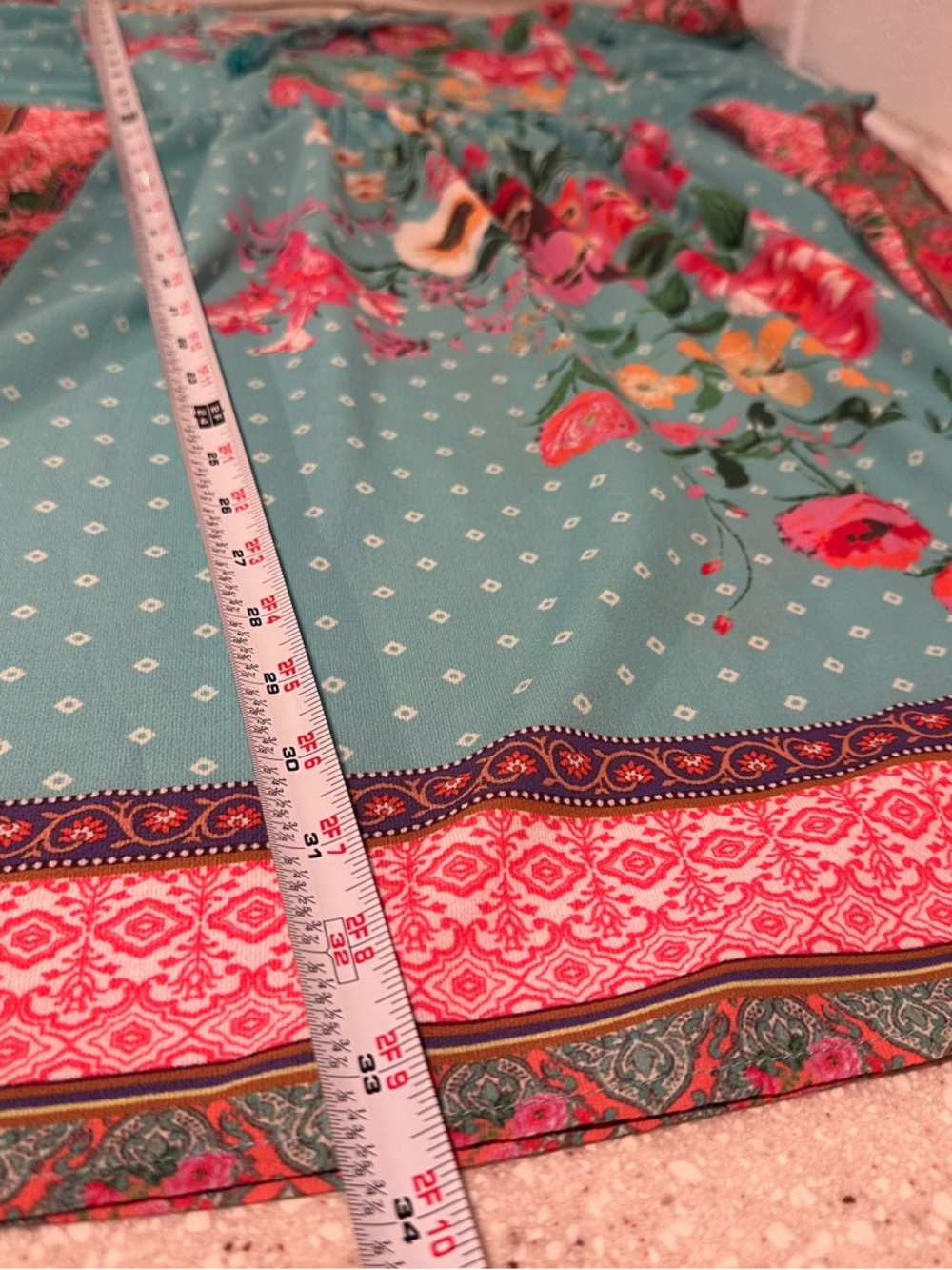 Umgee Boho Mixed Floral Print Babydoll Dress Teal Tassel Long Sleeve Ocean Large - Picture 14 of 16